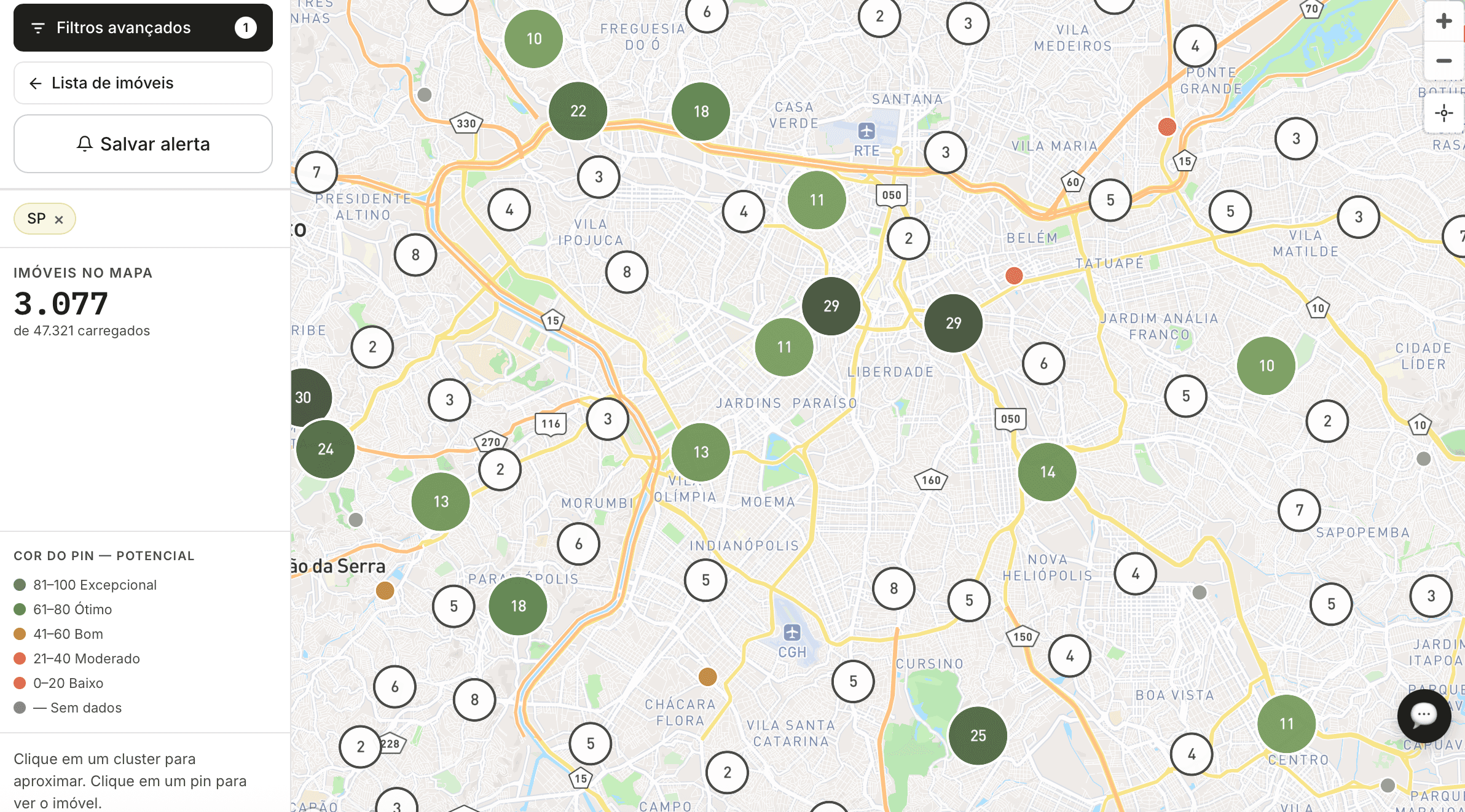 Mapa interativo do BIDscan — imóveis em leilão de São Paulo com clusters por potencial e painel de detalhes do imóvel
